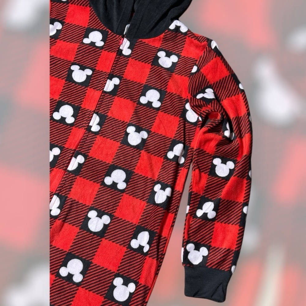 Disney Mickey Mouse Red Plaid Fleece Hooded One Piece Pajamas Large - Picture 2 of 5